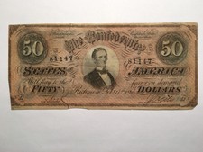 1864 Confederate States of America $50 Fifty Dollar Bill Civil War Currency Note