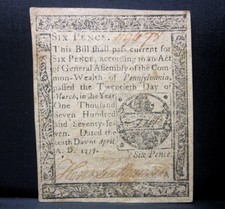 Colonial Currency ✪ Pennsylvania April 10Th 1777 ✪ Fr Pa-211 6D Au◢Edelmans◣