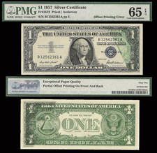 1957 $1 Double Error Offset Printing Transfer On Both Sides Of Note! *Pmg 65Epq*