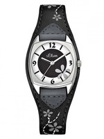 s.Oliver Damenuhr SO-1562-LQ Lederarmband Grau mit Blumenranke Uhr Trenduhr chic
