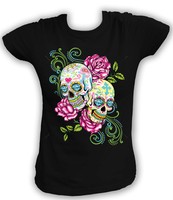 Damen T-Shirt Rockabilly TWO SUGAR SKULLS ROSES NEON Latino Gothic Vintage 17034