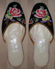 Vintage 1970's Asian Slippers Shoes Beaded Flowers Black Velvet. New-Never Worn