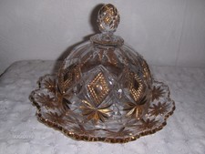 VINTAGE GLASS DOME COVERED LID GOLD GUILD TRIM CHEESE BUTTER DISH HOLIDAY TABLE