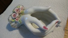 Vintage Lefton China Cupped Hands Holder, Planter, Applied Roses, Old Mark