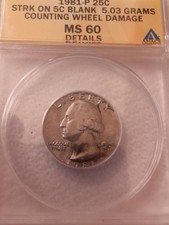Mint Error 1981-P 25C Struck on 5C Planchet Ms 60