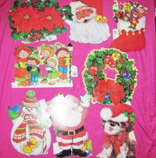 VINTAGE LOT 8 CHRISTMAS DIE CUT CARDBOARD DECORATIONS~SANTA WREATH~NEW