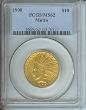 1908 with Motto $10 Indian Eagle Pcgs Ms62 Ms-62 Beautiful No spots !