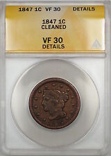 1847 Braided Hair Large Cent 1c Coin Anacs Vf-30 Details Cleaned (A)