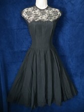 McCalls 40's 50's Vintage Black Gabardine Lace Scalloped Bust Full Skirt Dress S