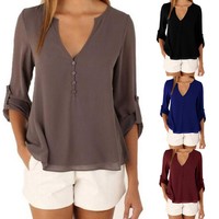 Damen Sexy-V Chiffon Langarm Bluse Tops Freizeit Tunika Oberteil Shirt Gr.34-46