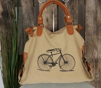 NEU TREND VINTAGE SHOPPER BIG BAG TASCHE CANVAS + LEDER BICYCLE CAMEL 40 X 43 cm