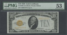 Fr2400 $10 Gold Cert 1928 Series Woods / Mellon Pmg 53 Unc Bs3685