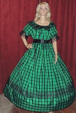 Civil War Victorian Pioneer Reenactment Green Plaid Taffeta Costume Dress Gown