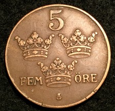 1930 Sweden 5 Ore Crowned Monogram Bronze Coin - Gustaf V Reign