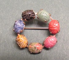 Vintage 14K Gold Filled Muti-Stone Jade Coral Jasper Scarab Pin Brooch