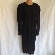 Vtg 80's Military Style Solid Black Long Sleeve Rayon Blend Shift Dress Size M