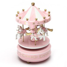 Vintage Wooden Merry-Go-Round Carousel Music Box Kids Girls Christmas Gift Pink