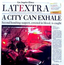 Boston Marathon Bombings Newspaper Los Angeles Times Extra 4/20/2013 Terrorists