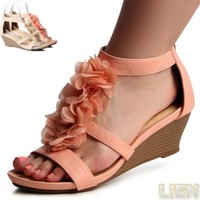 Damen Keil Sandaletten Sandalen Keilabsatz Blume Pumps Sommerschuhe 