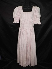 Vintage 80s M 12 Laura Ashley Pink White Stripe Maxi Dress Short Puff Sleeves