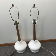 Pair Of Vintage Mid Century Modern Danish Teak Lamps White Ceramic Table Art