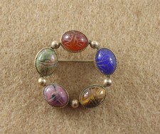 Hg 1/20 12K Gold Filled Carved Scarab Stone Pin Brooch Tigers Eye Blue Pink