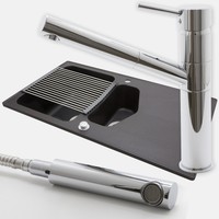 SET Astracast Chevron 1.5 Vulkanschwarz Moderne Granitspüle Schwarz Spüle Granit