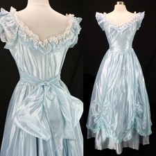 Vintage 70s Shiny Blue Southern Belle Victorian Style Ruffle Prom Dress Size M