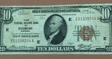 1929 $10 Brown Seal National Currency! Richmond! Vg/Fine! X204 Old Us Currency!