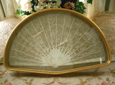Framed Handmade Antique Vtg Belgian Brussels Point De Gaze Lace Wedding Hand Fan