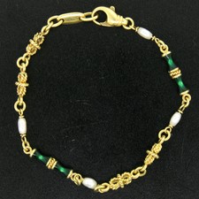 18K Yellow Gold 7" Twisted Wire Link Green Enamel & 4 Freshwater Pearl Bracelet