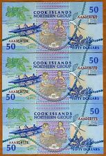 Lot Cook Islands, 3 x $50, 1992, Aaa prefix, P-10, Unc