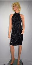 Vintage 80's Black Bead Sequin Silk Cocktail Halter Dress by Stenay Size 8 to 10