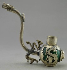 Collectible Decorated Old Handwork Jade & Tibet Silver Dragon Smoking Pipe