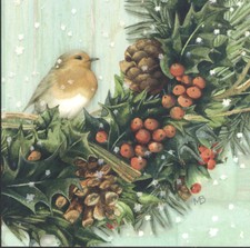 English Robin Bird In Christmas Wreath Of Pinecones,Marjolein Bastin Greet Card