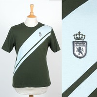 MENS UMBRO GREEN WITH PALE BLUE STRIPE RETRO FOOTBALL SHIRT STYLE T-SHIRT M