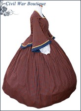 1800's Civil War Victorian Navy Blue Plaid Tea Dress Day Gown Made in Usa