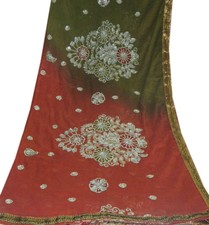 Green Vintage Georgette Dupatta Floral Scarf Embroidered Fabric Veil Long Stole