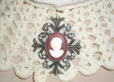 Civil War Dress Victorian Style Accessory-Bronze Cameo Brooch~Necklace Loop