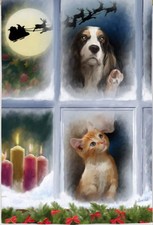 New Lg Evergreen Christmas Flag Cocker Spaniel Dog & Kitten I Spy Santa 29 X 43