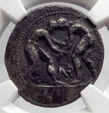 Aspendos Pamphylia 370BC ATHLETES WRESTLE Slinger Silver Greek Coin NGC i60209
