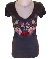 New Womens Paco Chicano By Christian Audigier Foil Print T Shirt Small V Neck