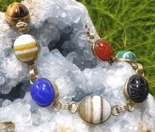 Sterling Silver Large Scarab Bracelet W Tigers Eye,Agate,Lapis, and Carnelian