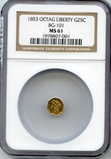1853 Octag Liberty G25C California Fractional Gold / Bg-101 Ngc Ms-61 / 1st Var