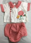 Vintage Infant Baby Boy Girl Outfit Set Red White Teddy Bear Appliqué Embroidery