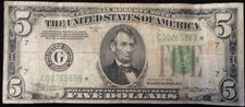 1934 $5 Mule Federal Reserve Star Note Nice Bill Chicago District Free Us S/H!