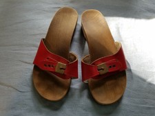 Vintage Dr. Scholls red leather and wooden sandals