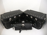 Motorrad Satteltaschen + Werkzeugtasche Leder Nietenbesatz Set 80