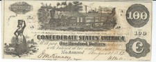 Csa 1862 Confederate Currency T39 $100 Bank Note Train Paddleboat #24103