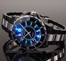 New Men's LED Light Waterproof Black Stainless Steel Sport Quartz Wrist Watch